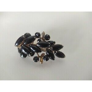 VTG Antq CATHE Black Floral Desing Brooch.Gold tone Metal, Black Glass ,Rhinesto